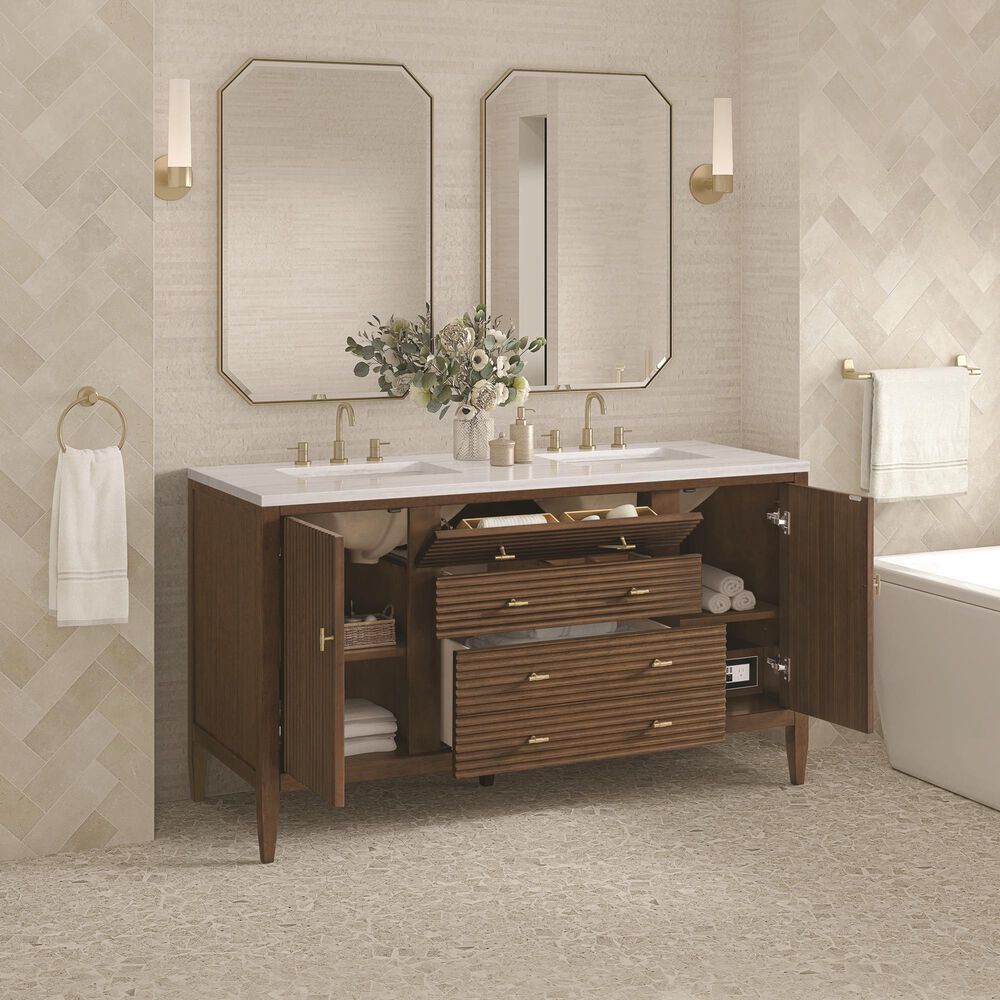 James Martin Vanities Myrrin 60&quot; Double Vanity in Mid Century Walnut with 3 cm Arctic Fall Solid Surface Top, , large