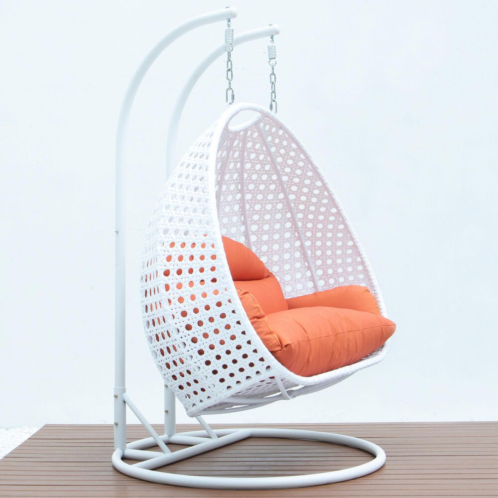 Leisuremod 2-Seat Hanging Egg Swing Chair with Orange Cushion in White, , large
