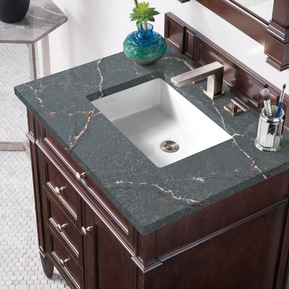 James Martin Vanities Brittany 30&quot; Single Bathroom Vanity in Burnished Mahogany with 3 cm Parisien Bleu Quartz Top and Rectangular Sink, , large