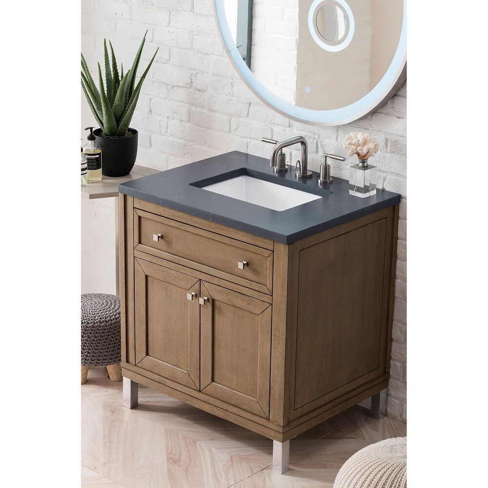James Martin Vanities Chicago 30&quot; Single Bathroom Vanity in Whitewashed Walnut with 3 cm Charcoal Soapstone Quartz Top and Rectangular Sink, , large