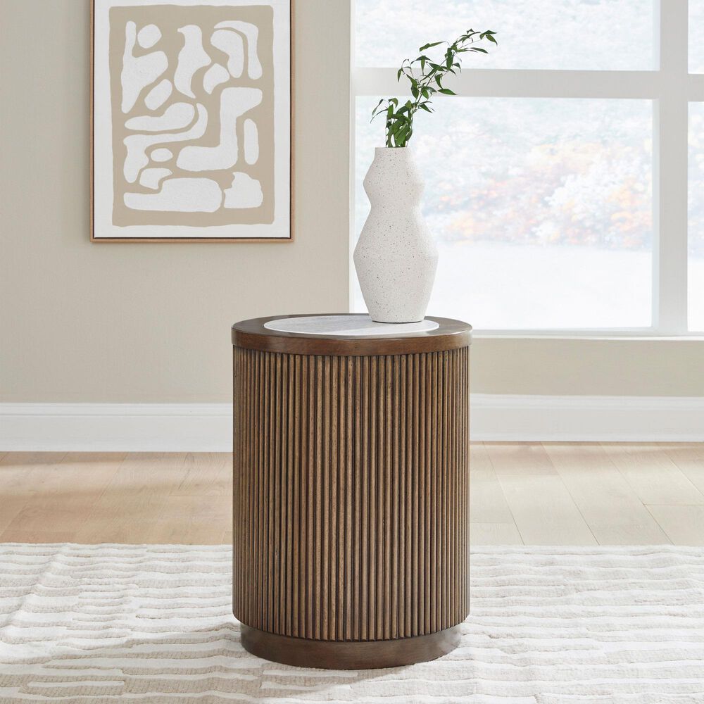 Ashley Hadonna Round End Table in Light Brown, , large