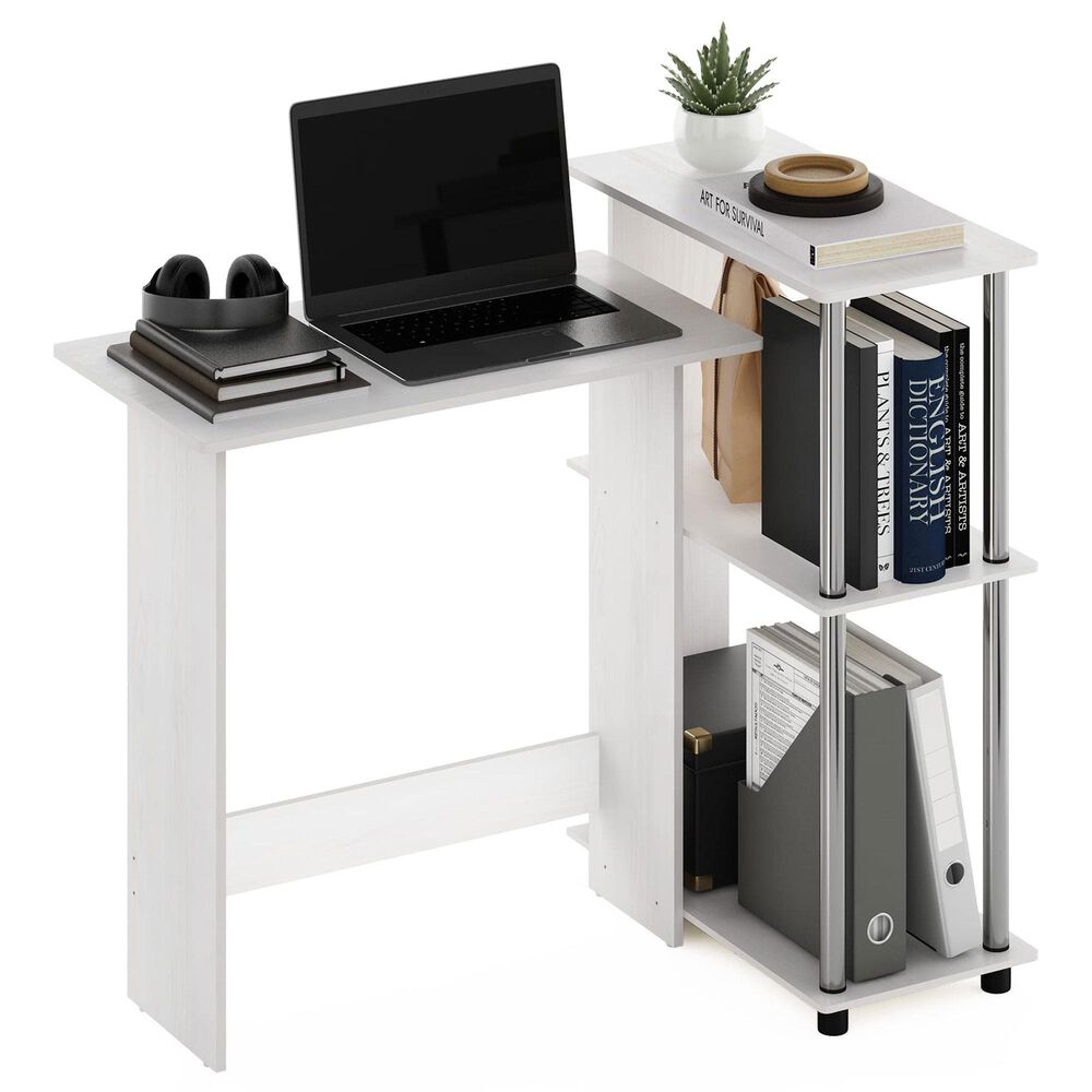 HOMLUX L-Shaped Computer Desk with Open Display Shelves in White Oak and Stainless Steel, , large