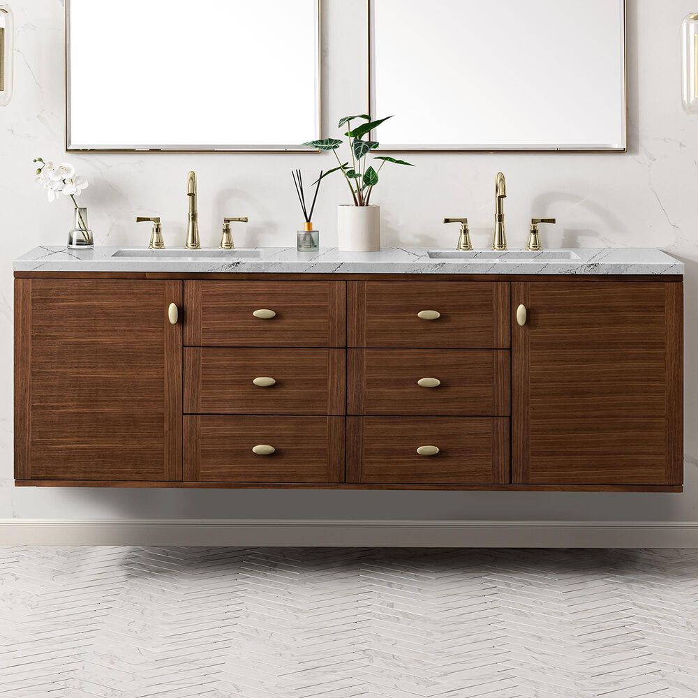 James Martin Vanities Amberly 72&quot; Double Bathroom Vanity in Walnut with 3 cm Arctic Fall Solid Surface Top and Rectangular Sinks, , large