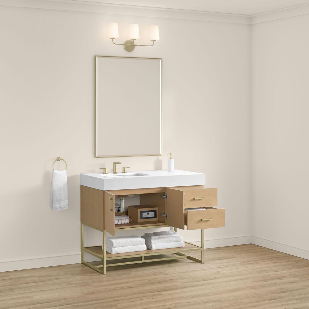 37B Mauri 42" Single Bathroom Vanity with Metal Base in Warm Oak with High-Profile 4" White Composite Stone Top, , large