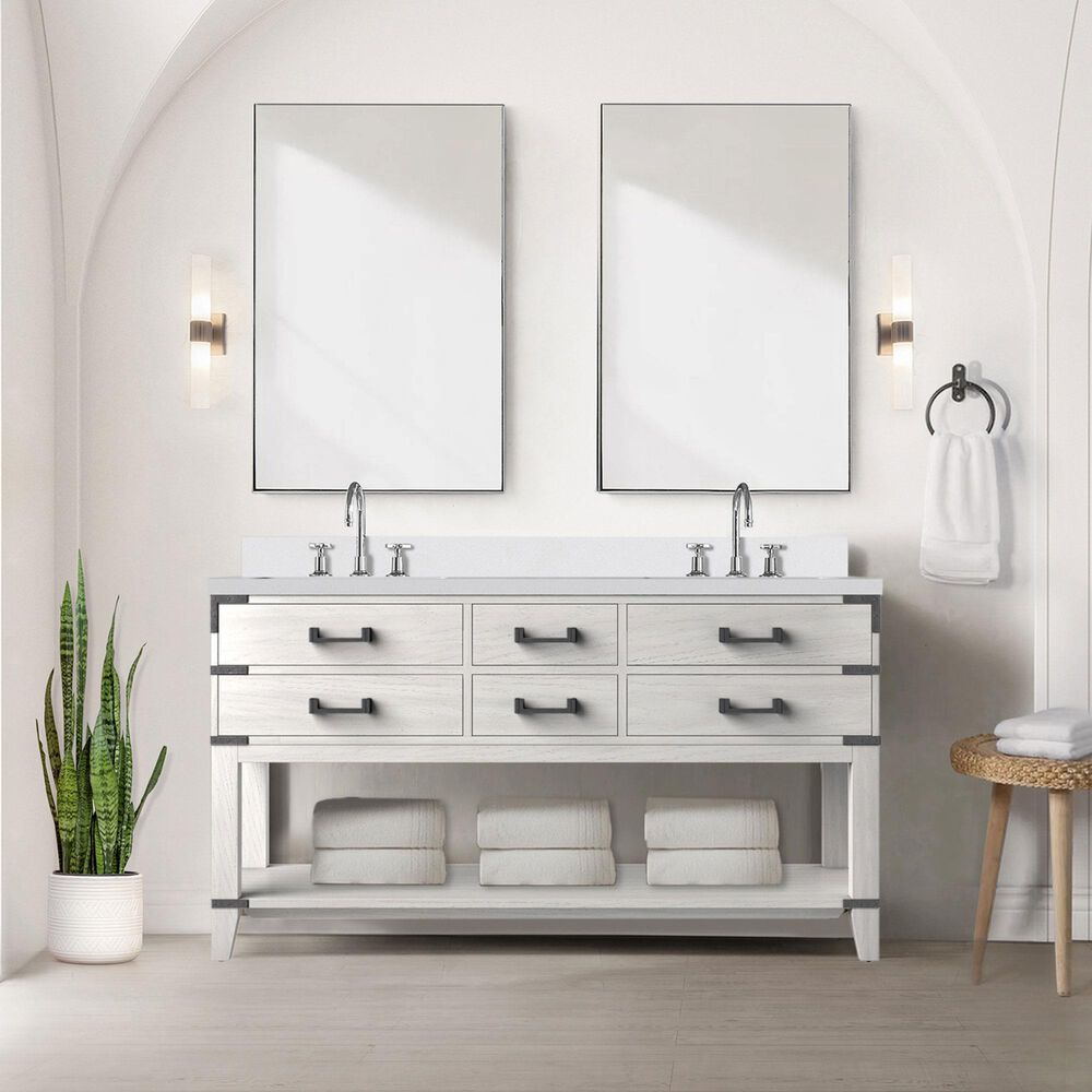 Lexora Home Norwalk 60&quot; Double Bathroom Vanity in White Oak with White Quartz Top and Rectangular Sinks, , large