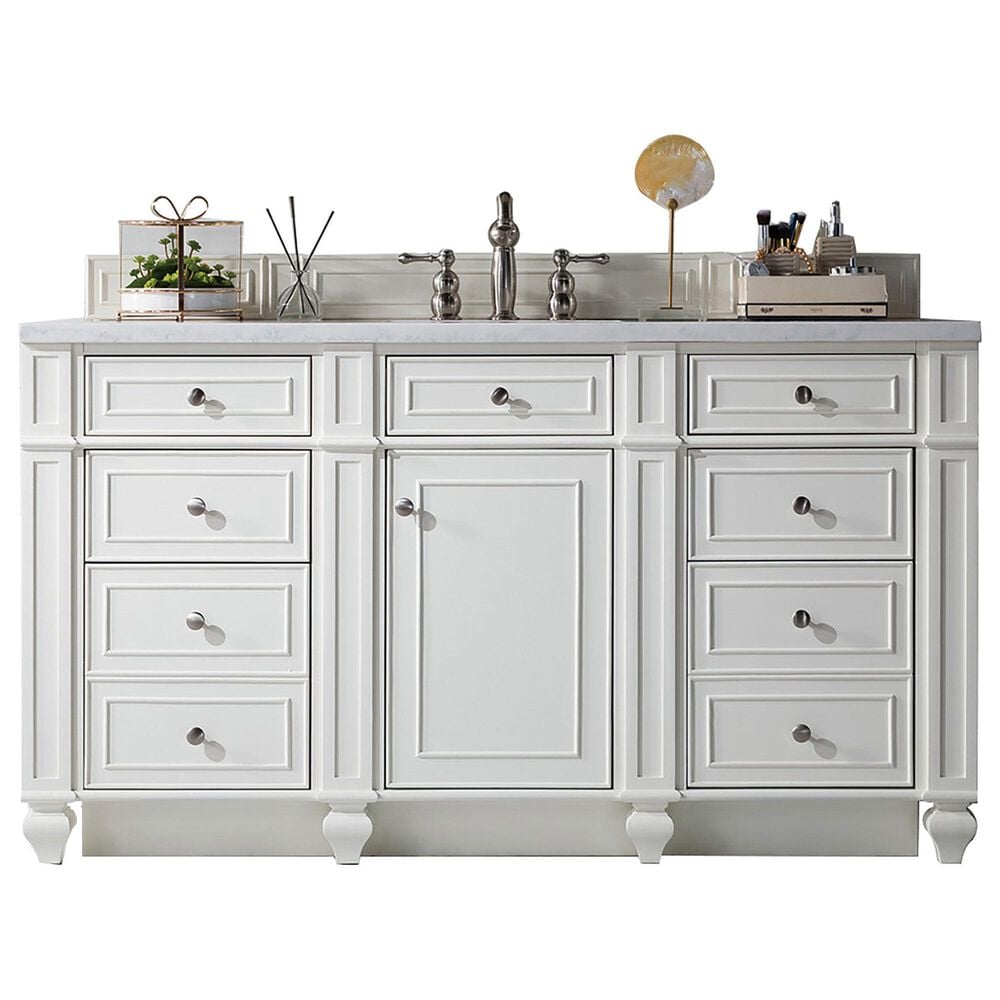 James Martin Vanities Bristol 60" Single Bathroom Vanity in Bright White with 3 cm Carrara White Marble Top and Rectangular Sink, , large