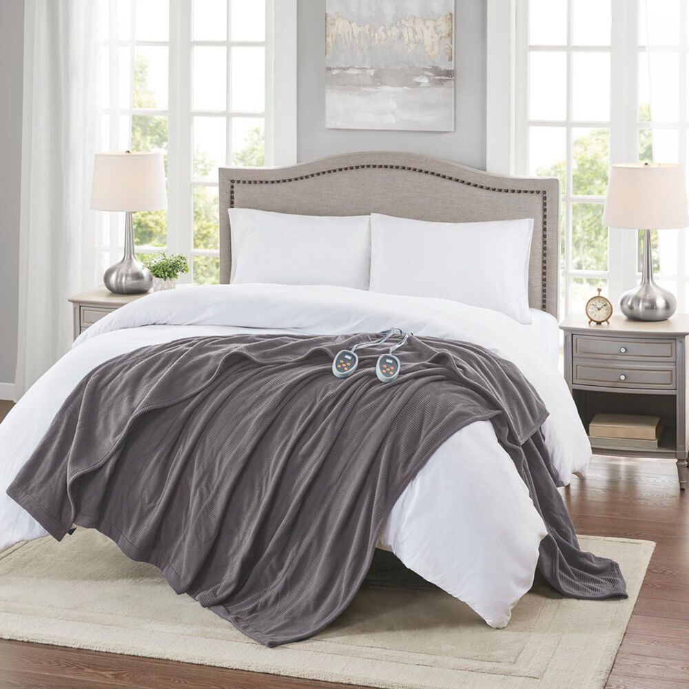 Hampton Park Electric Micro Fleece Heated Full Blanket in Grey, , large