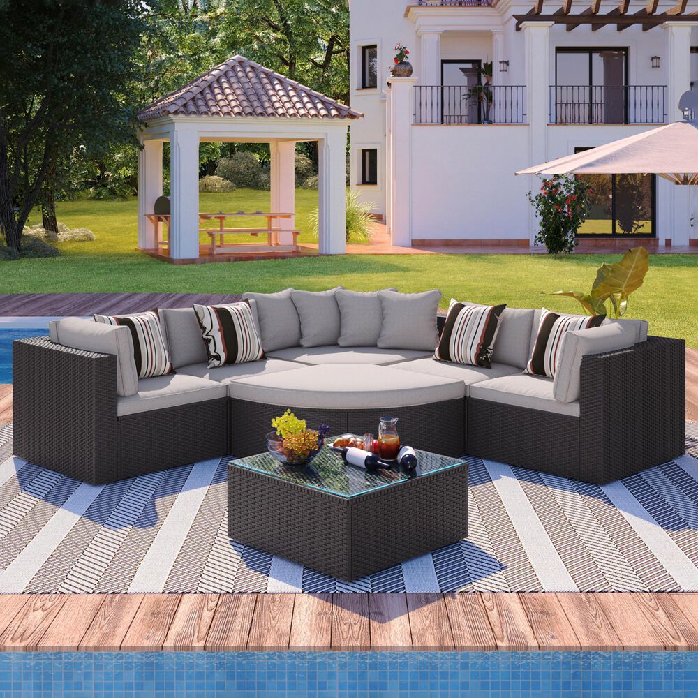 HOMLUX 7-piece Outdoor Conversation Set with Black Wicker in Light Gray, , large