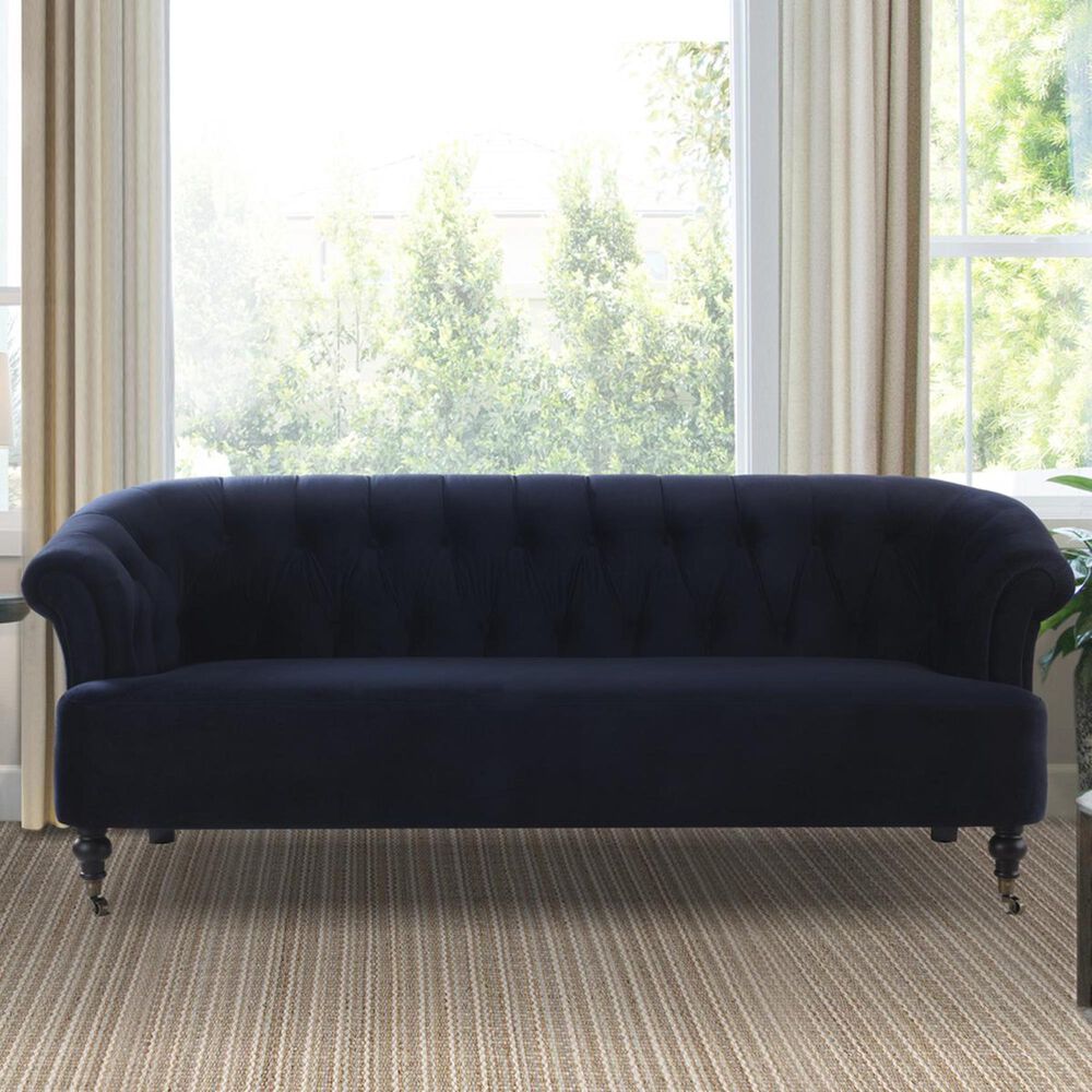 Jennifer Taylor Home Maxine Tufted Rolled Arm Sofa Metal Casters in Dark Navy Blue, , large