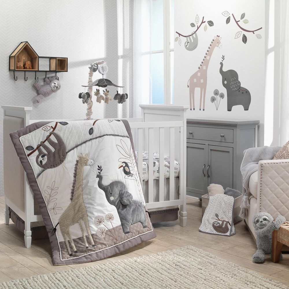 Lambs and Ivy Baby Jungle Animals 4-Piece Crib Bedding Set in Gray, White and Taupe, , large