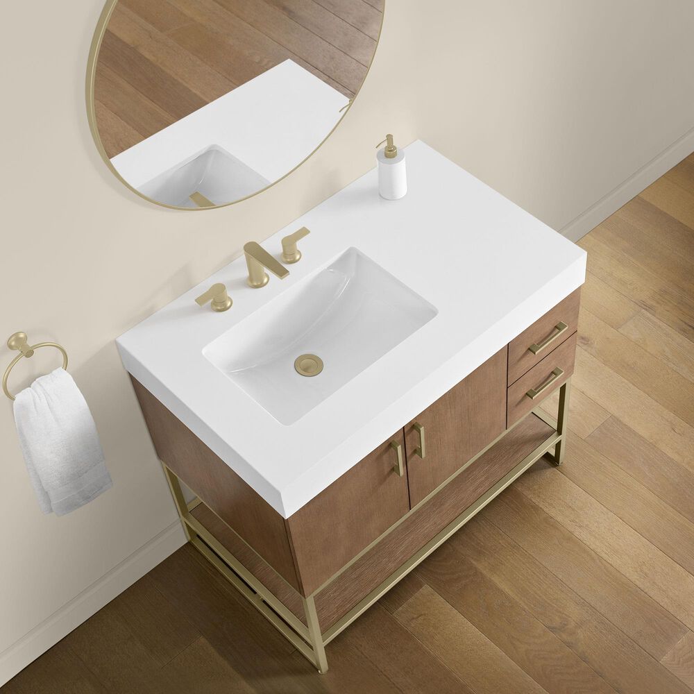 37B Mauri 36" Single Bathroom Vanity with Metal Base in Walnut Drift with High-Profile 4" White Composite Stone Top, , large