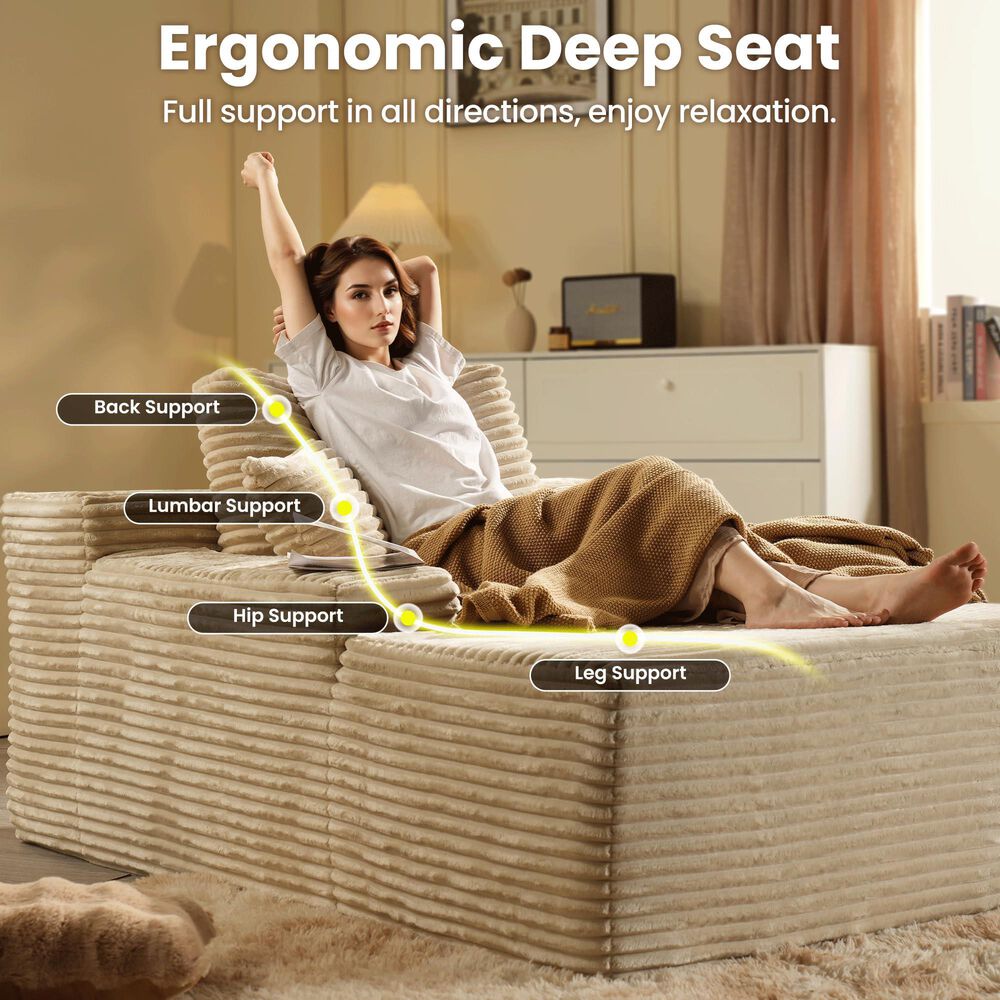 Homlux Cloud Faux Fur Chaise Lounge with Plush Pillows in Beige, , large