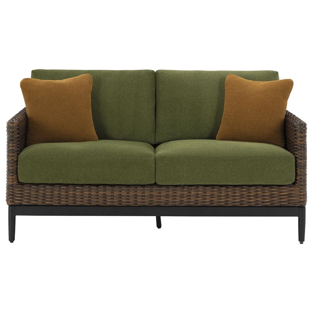 Ashley Horizon Hall Outdoor Loveseat with Green Cushion in Brown, , large