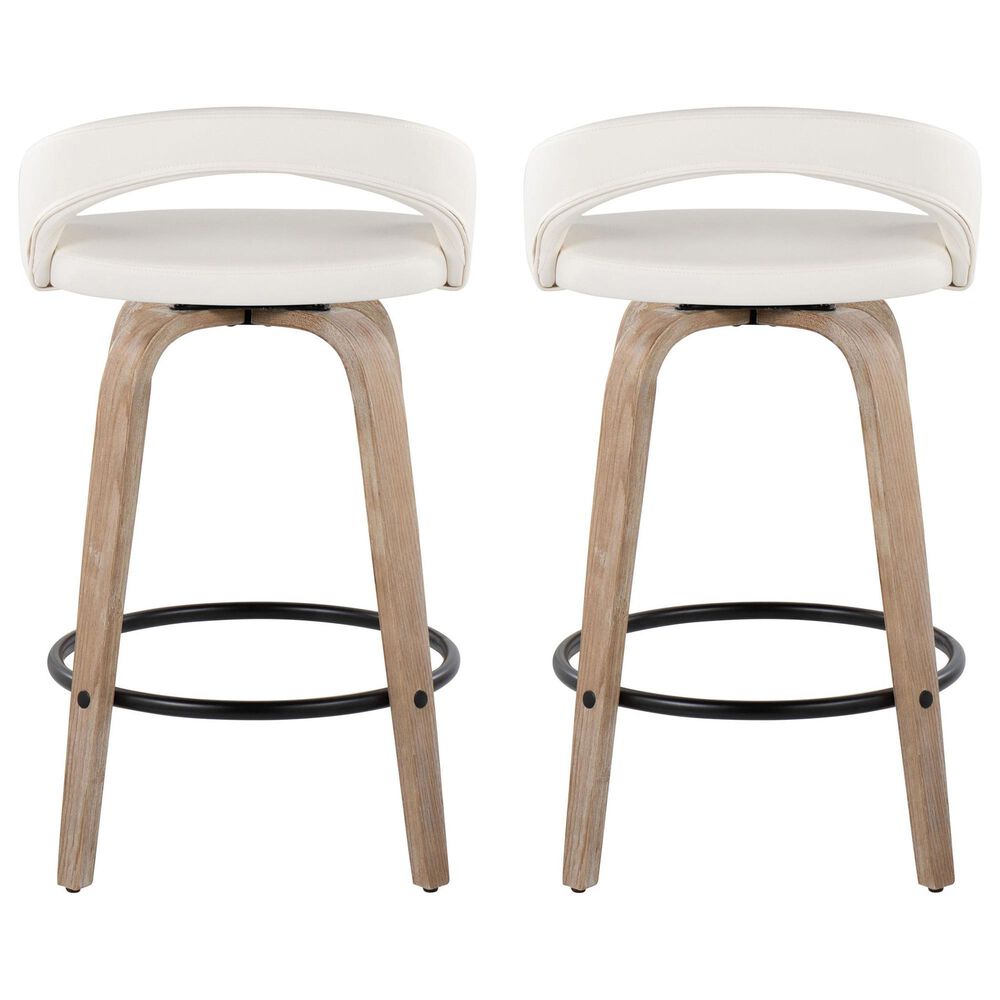 LumiSource Grotto Swivel Counter Stool with White Faux Leather Upholstery in Whitewashed Wood and Black (Set of 2), , large