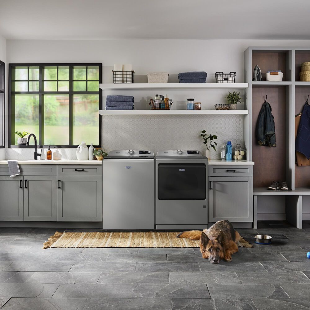 Maytag 5.3 Cu. Ft. Smart Pet Pro Top Load Impeller Washer and 7.4 Cu. Ft. Electric Smart Top Load Dryer Laundry Pair in Classic Silver, , large
