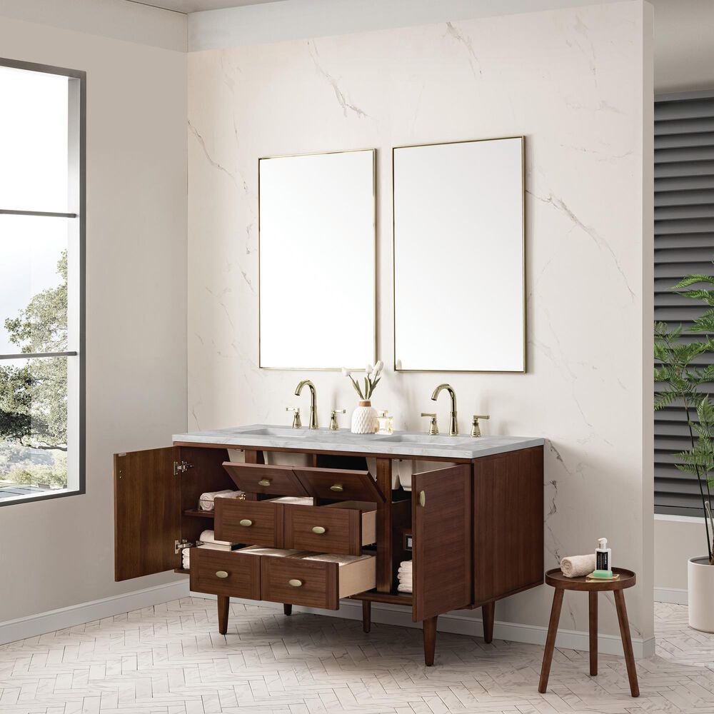James Martin Vanities Amberly 60&quot; Double Bathroom Vanity in Mid-Century Walnut with 3 cm Victorian Silver Quartz Top and Rectangular Sinks, , large