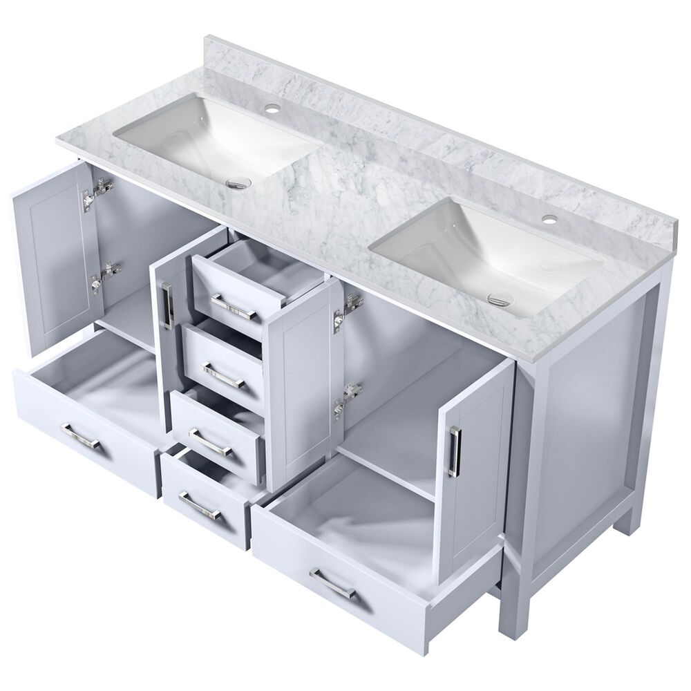 Lexora Home Jacques 60&quot; Double Bathroom Vanity in White with 2 cm White Carrara Marble Top and Rectangular Sinks, , large