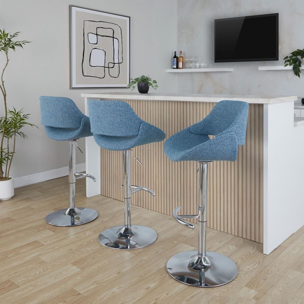 LumiSource Fabrico Swivel Adjustable Bar Stool with Blue Noise Fabric Upholstery and Rounded T Footrest in Chrome (Set of 2), , large