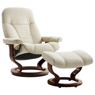 Stressless Consul Medium Chair and Ottoman with Brown Base in Batick Cream, , large