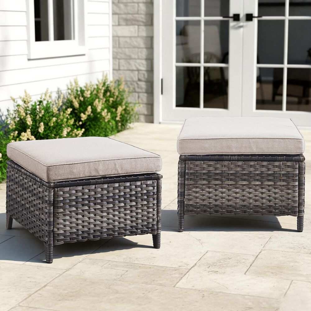 Sunwell Garden Outdoor Ottoman with Gray Rattan in Beige (Set of 2), , large