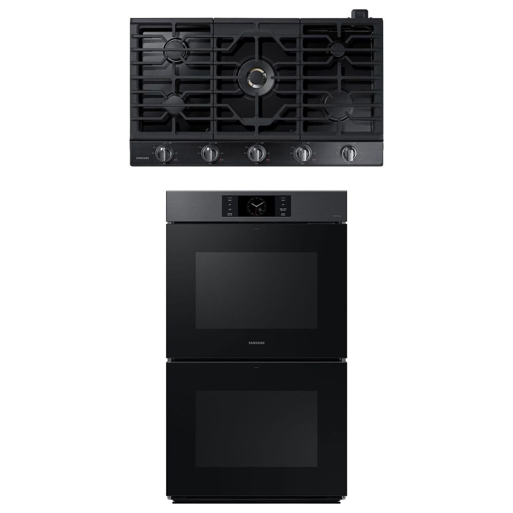 Samsung 2-Piece Kitchen Package with 30" Matte Black Steel Double Wall Oven and 36" Black Stainless Steel Smart Gas Cooktop, , large
