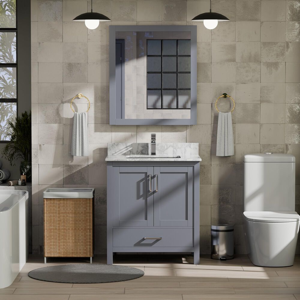 Lexora Home Jacques 30" Single Bathroom Vanity in Dark Grey with 2 cm White Carrara Marble Top and Rectangular Sink, , large