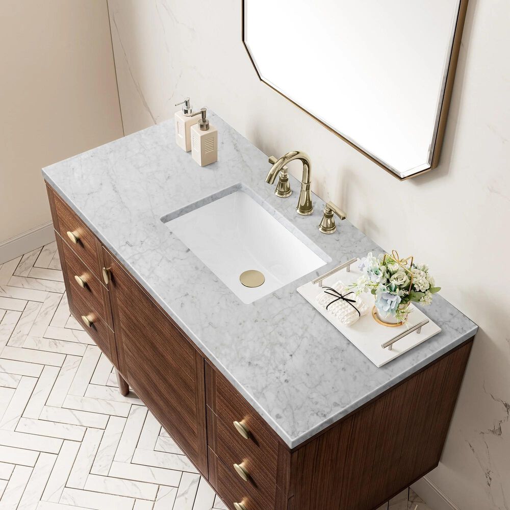 James Martin Vanities Amberly 48&quot; Single Bathroom Vanity in Walnut with 3 cm Carrara White Marble Top and Rectangular Sink, , large