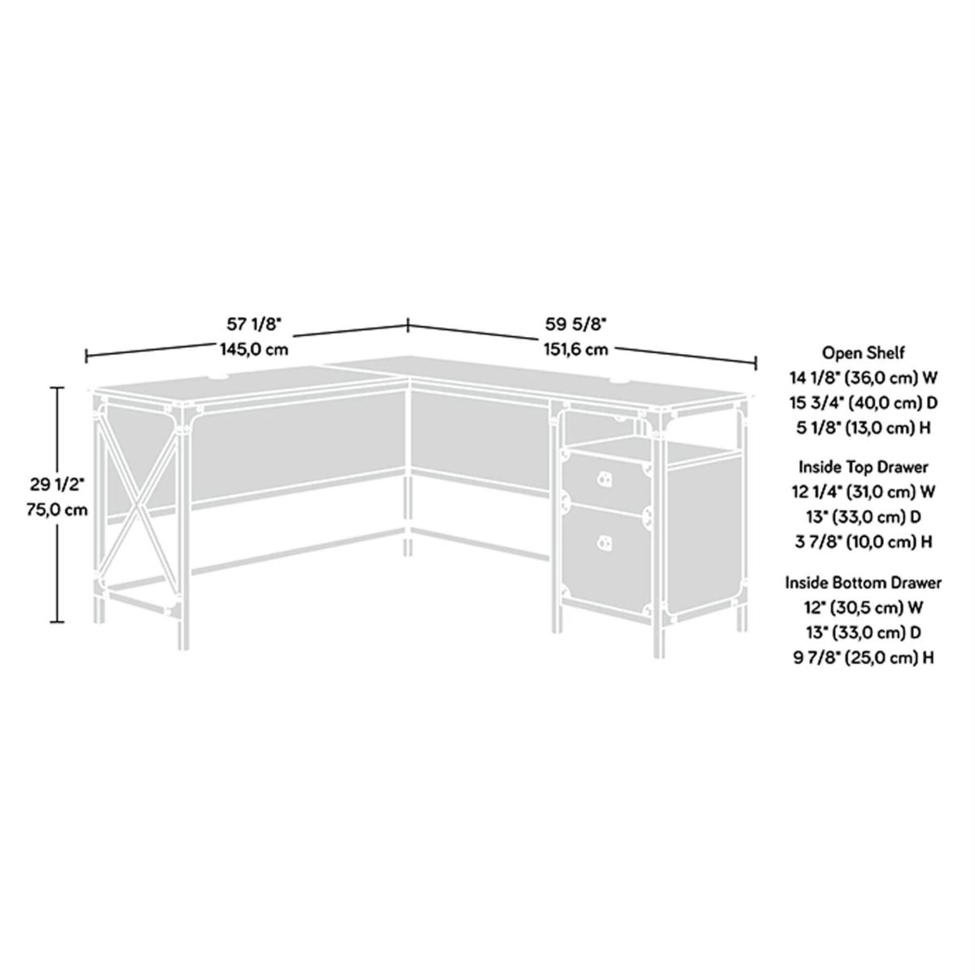 Sauder steel river l shaped writing top desk in carbon oak and black