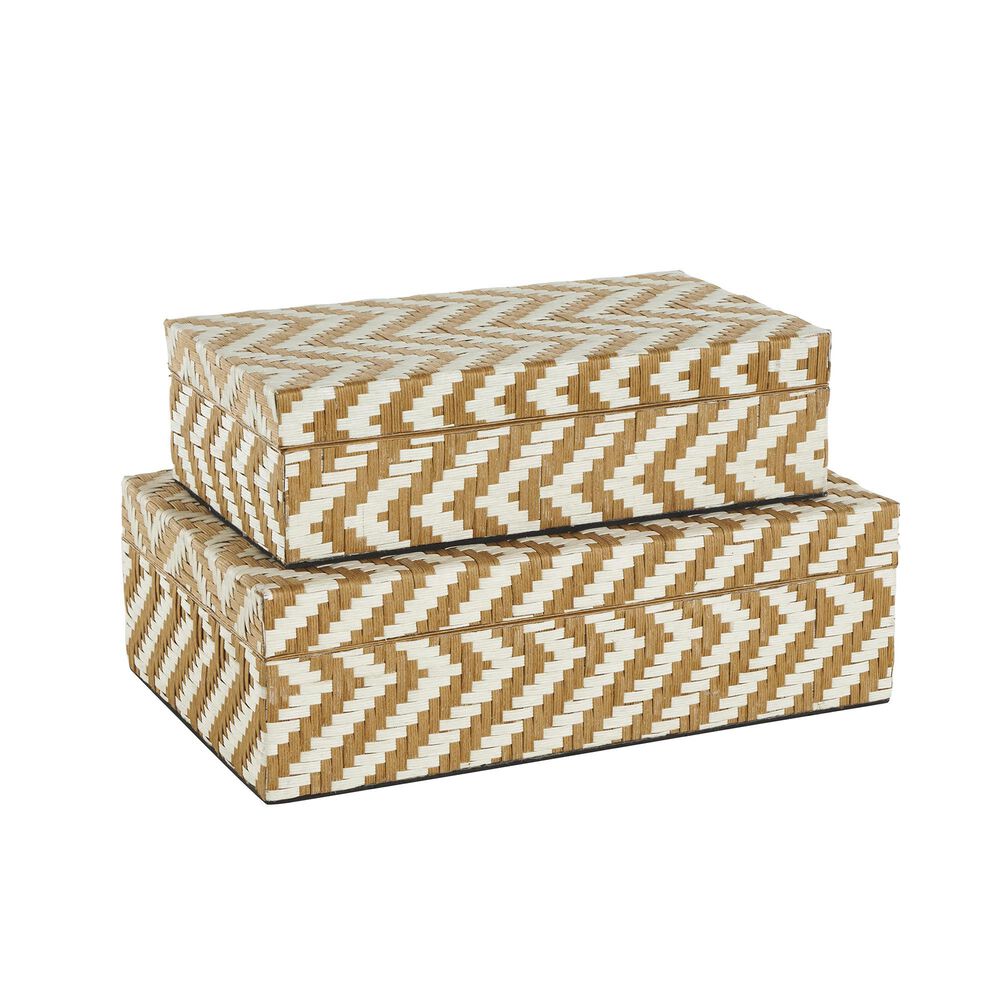 Maple and Jade 2-Piece Handmade Woven Zig Zag Storage Decorative Box Set in Matte Brown and Cream, , large