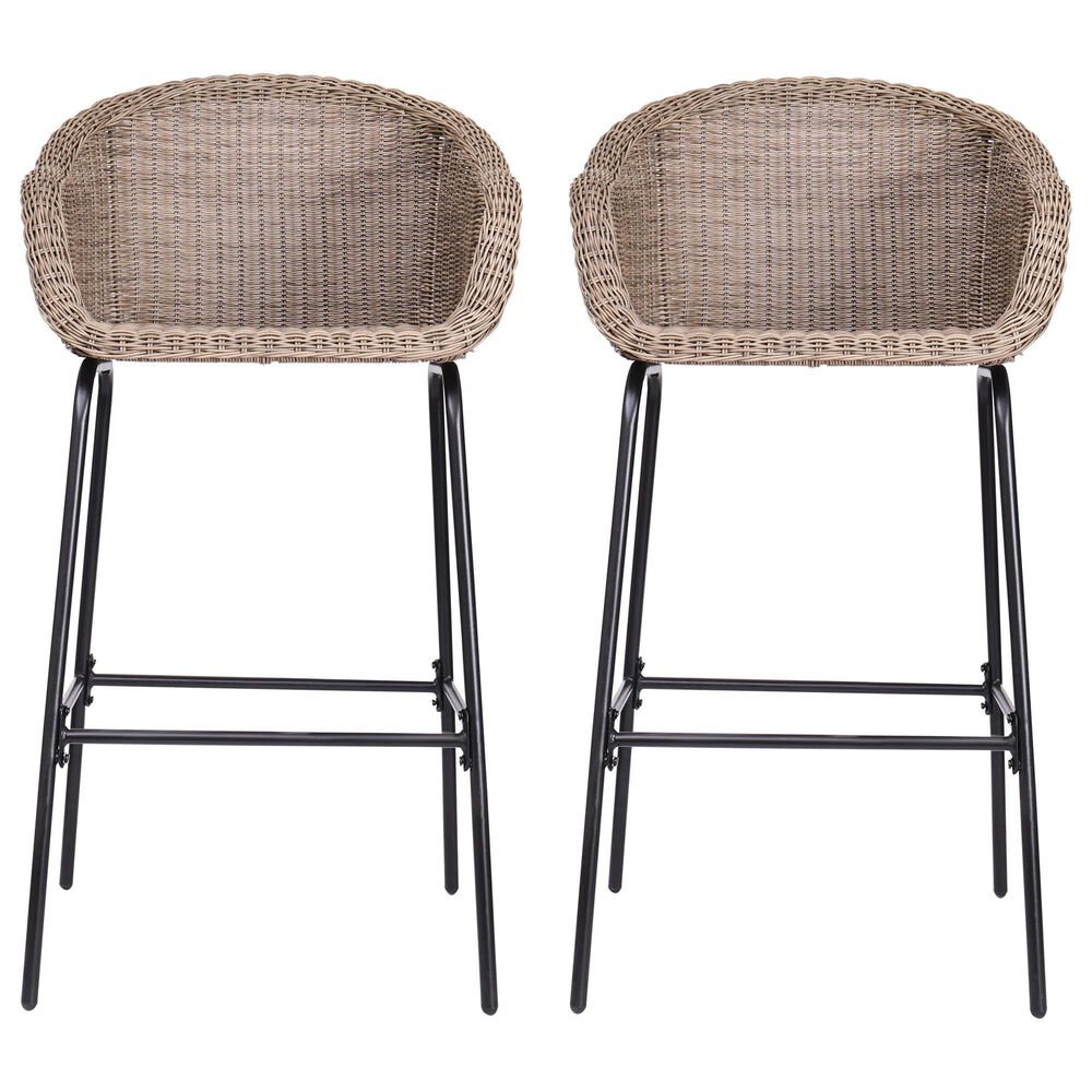 Hearth and Haven Ladd Outdoor Faux Wicker Barstool with Black Metal Frame in Light Brown (Set of 2), , large