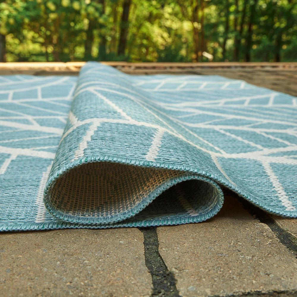 Ashley Hulsia 5&#39; x 7&#39; Ivory and Aqua Outdoor Rug, , large