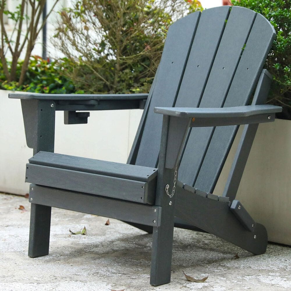 Hearth and Haven Patio Folding Adirondack Chair with Dual Cup Holder in Gray, , large