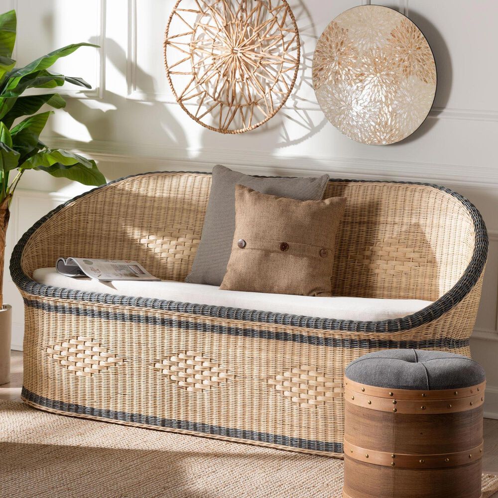 Baxton Studio Emiliana Stationary Loveseat with Natural Brown and Black Rattan in Neutral, , large