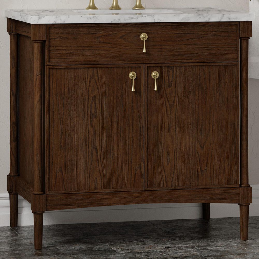 James Martin Kinnsden 36" Single Bathroom Vanity in Sable Oak with 3 cm Carrara Marble Top and Rectangular Sink, , large