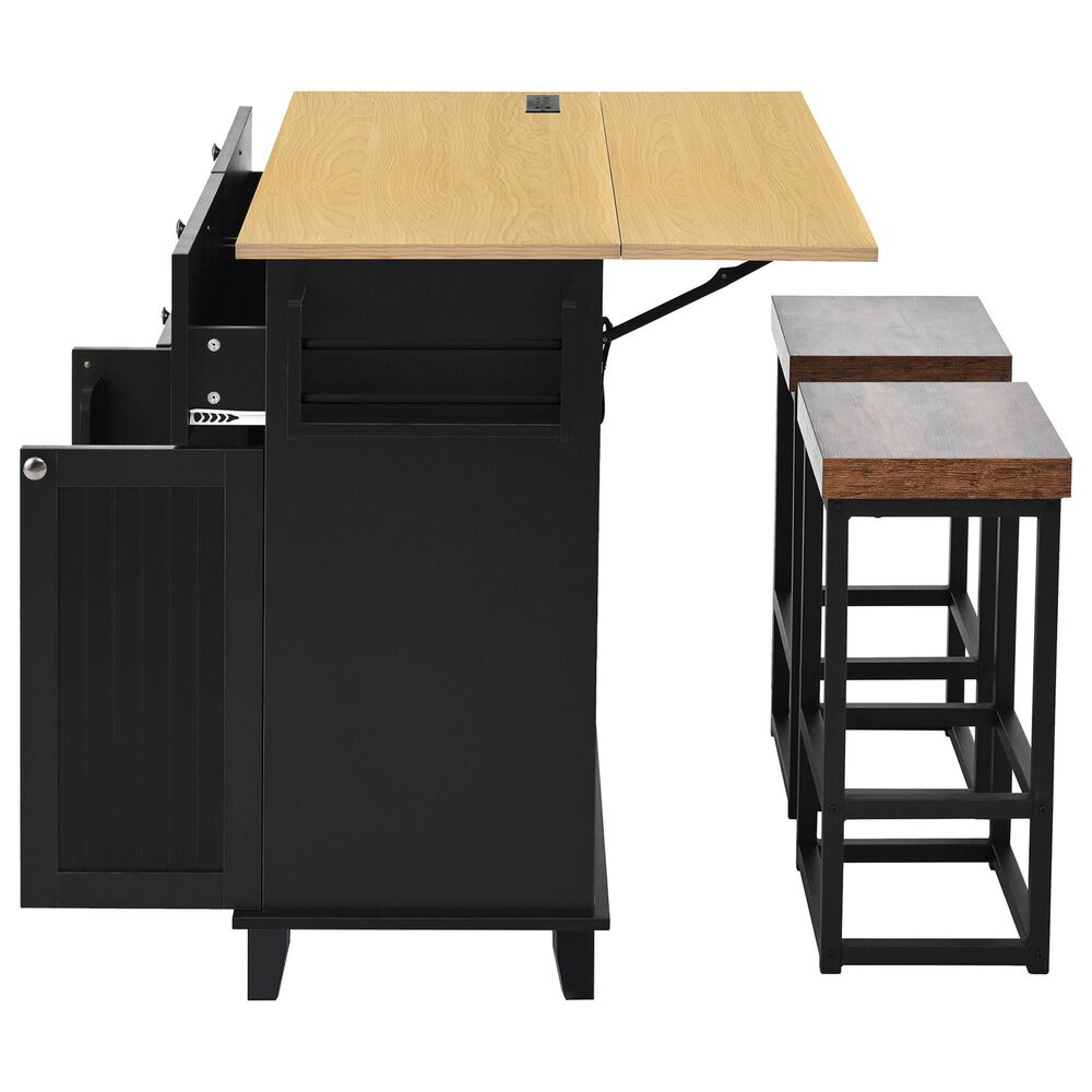 HOMLUX Farmhouse Kitchen Island with Drop Leaf and 2 Stools in Black, Natural and Rustic Brown, , large
