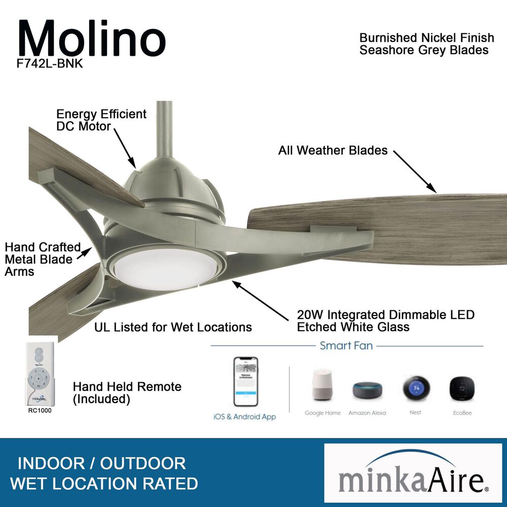 Minka-Aire Molino 65" Indoor/Outdoor Ceiling Fan with LED Light in Burnished Nickel, , large