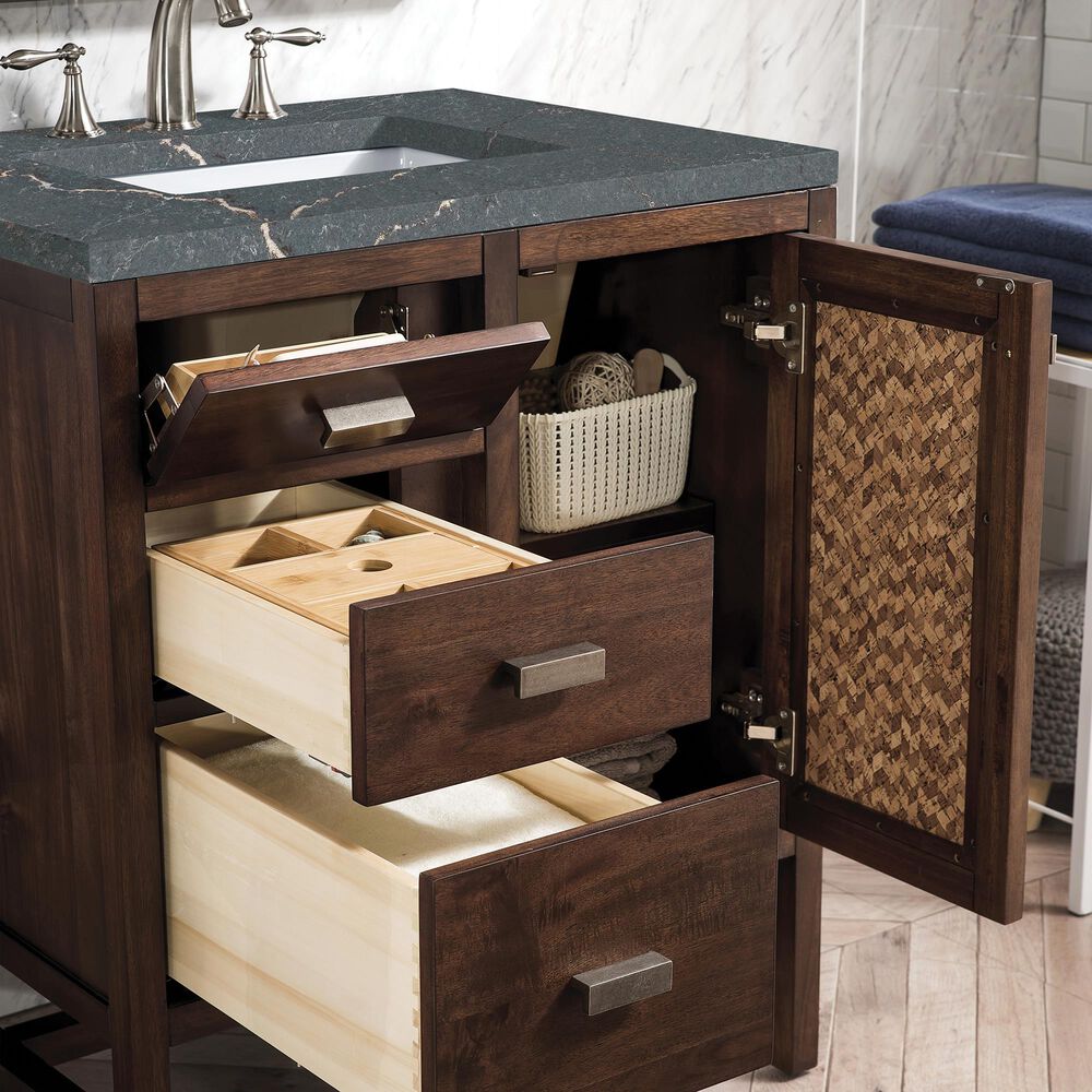 James Martin Vanities Addison 30&quot; Single Bathroom Vanity in Mid-Century Acacia with 3 cm Parisien Bleu Quartz Top and Rectangular Sink, , large