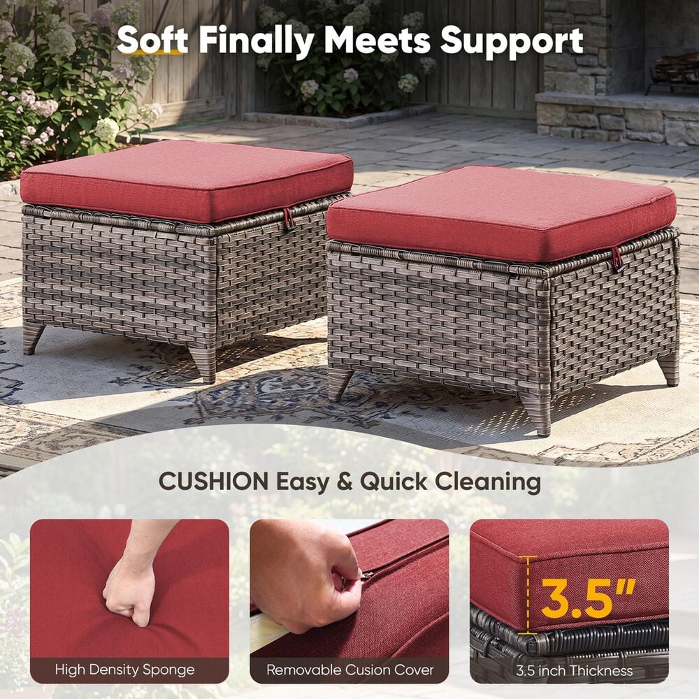 Sunwell Garden Outdoor Ottoman with Gray Rattan in Red (Set of 2), , large