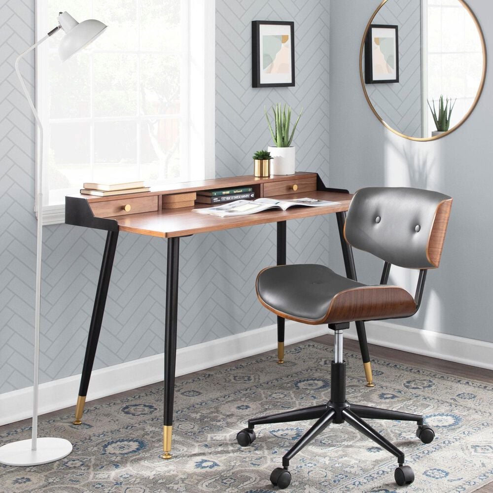 Lumisource Lombardi Desk Chair with Grey Cushion in Walnut and Black, , large
