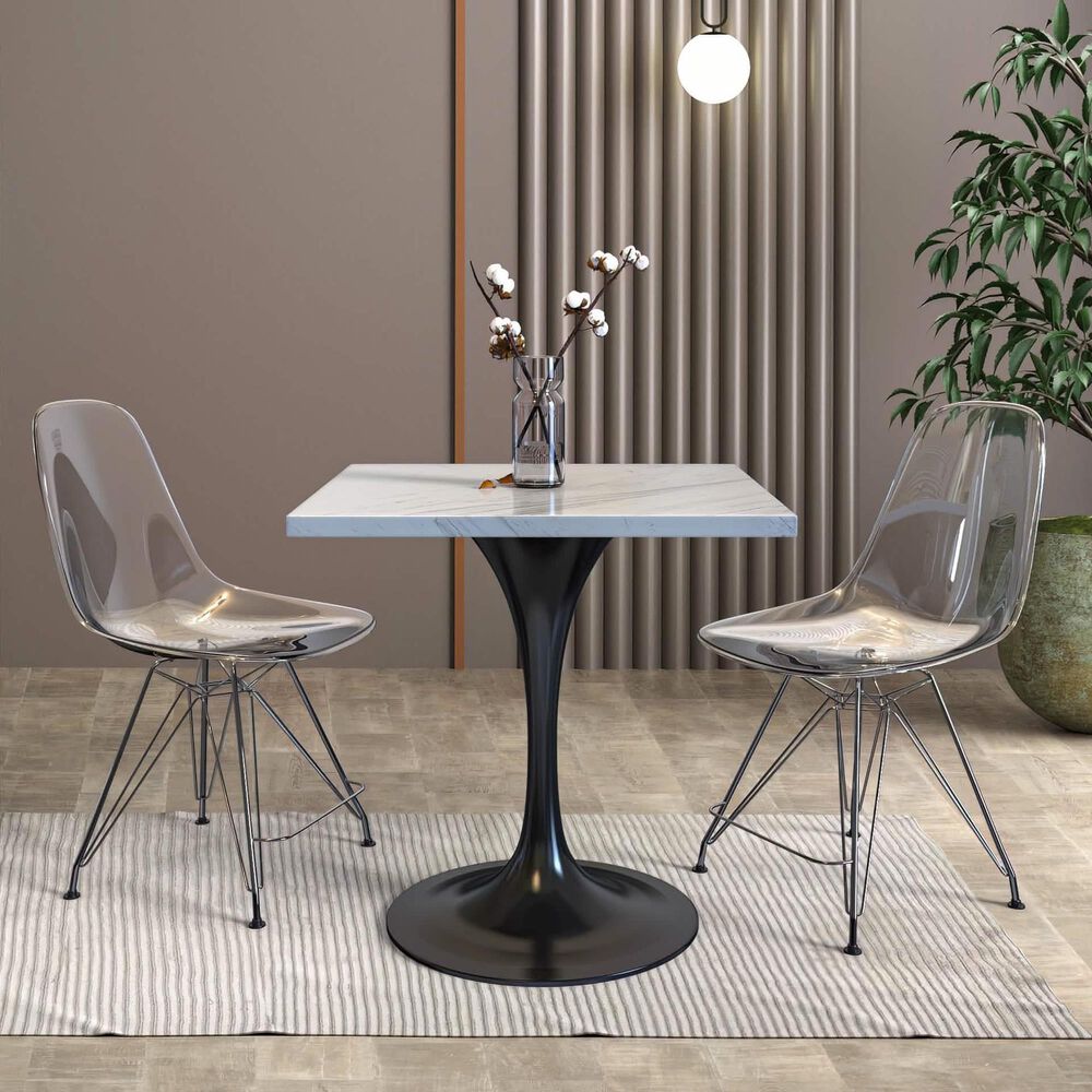 Leisuremod LeisureMod Verve Collection 27 Square Dining Table, Black Base with Laminated White Marbleized Top, , large