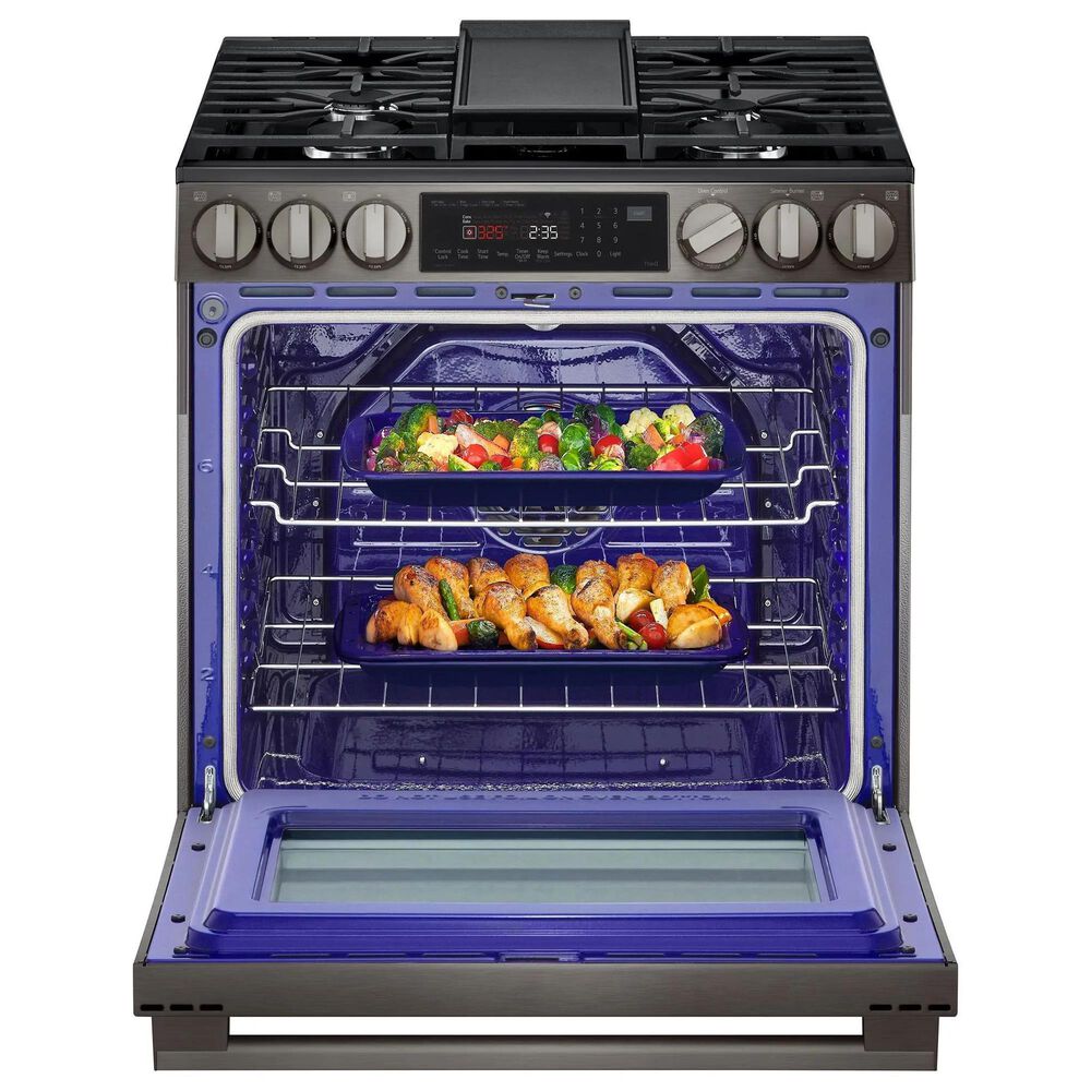 LG 2-Piece Kitchen Package with 6.3 Cu. Ft. Smart Slide-In Gas Range and 2.1 Cu. Ft. Smart Over-the-Range Microwave in Black Stainless Steel, , large