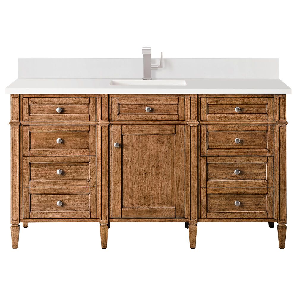 James Martin Vanities Brittany 60" Single Bathroom Vanity in Saddle Brown with Single Hole 3 cm White Zeus Quartz Top and Rectangular Sink, , large