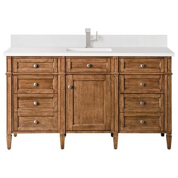 James Martin Vanities Brittany 60" Single Bathroom Vanity in Saddle Brown with Single Hole 3 cm White Zeus Quartz Top and Rectangular Sink, , large