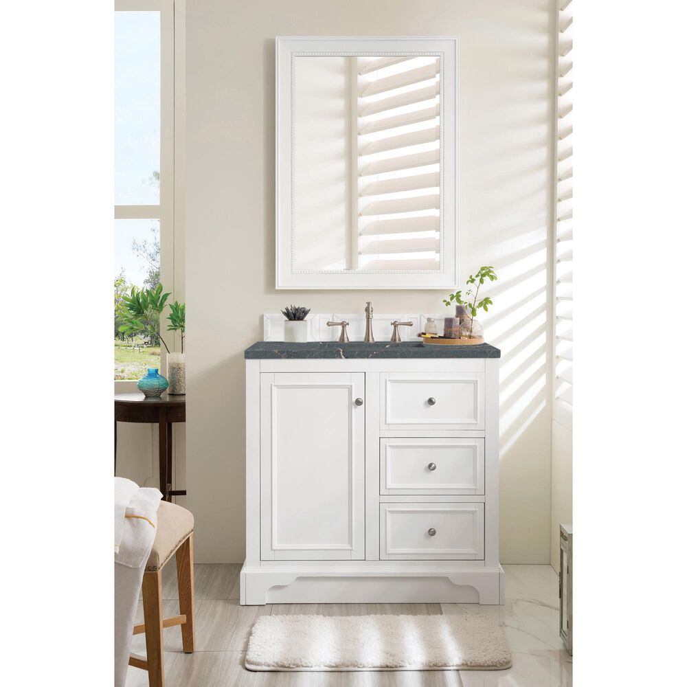 James Martin Vanities De Soto 36" Single Bathroom Vanity in Bright White with 3 cm Parisien Bleu Quartz Top and Rectangular Sink, , large