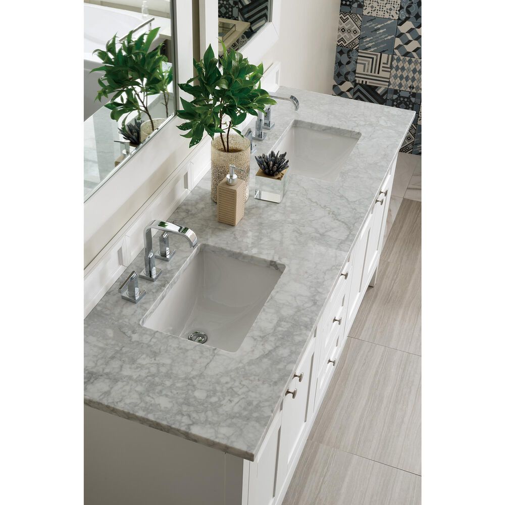 James Martin Vanities Palisades 72&quot; Double Bathroom Vanity in Bright White with 3 cm Carrara White Marble Top and Rectangular Sinks, , large