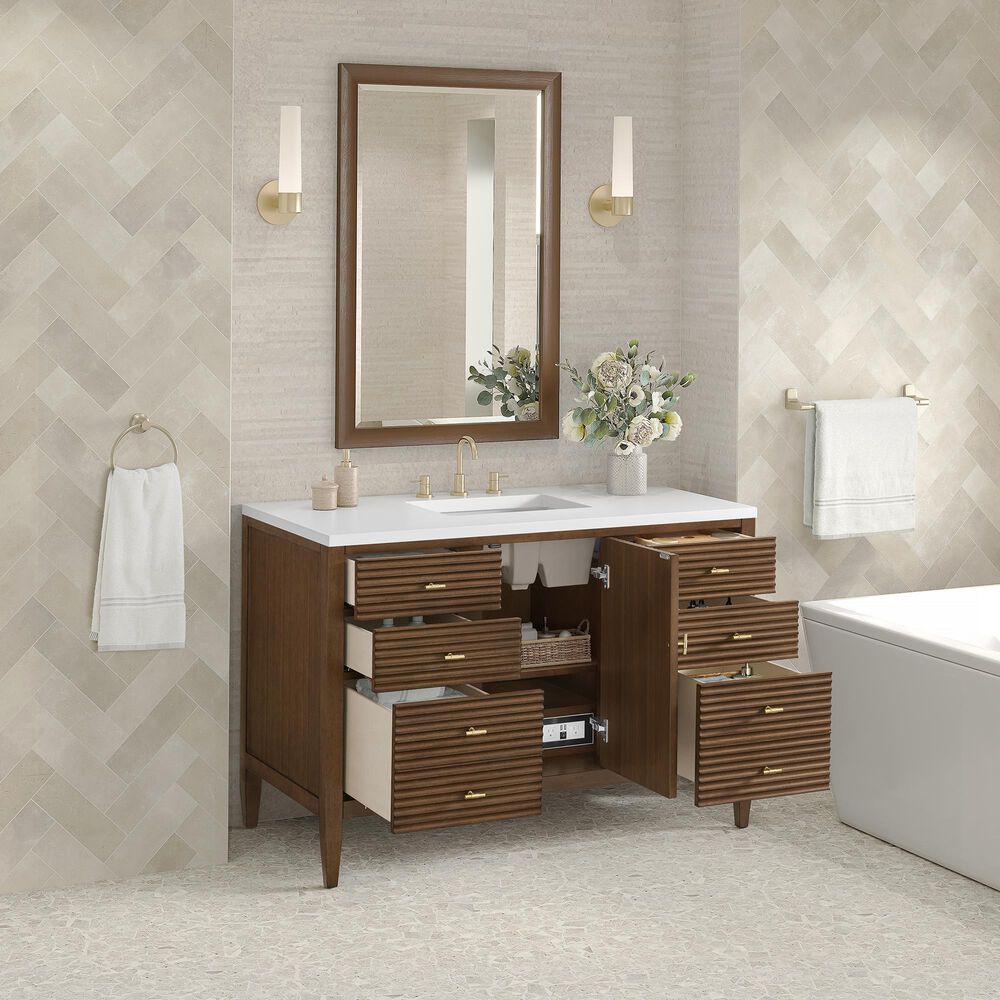 James Martin Vanities Myrrin 48&quot; Vanity in Mid-Century Walnut with 3 cm White Zeus Quartz Top, , large