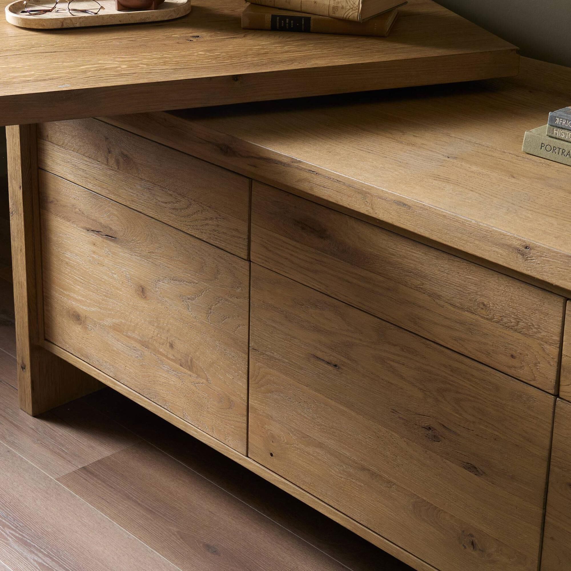Four Hands Noah L-Shaped Rotating Desk in Aged Smoked Oak