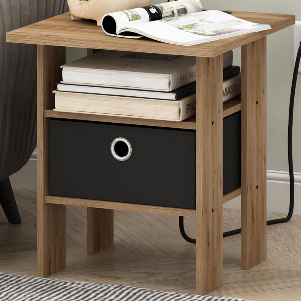 HOMLUX USB and Type-C Port Charging Station End Table with Black Storage Bin in Flagstaff Oak, , large