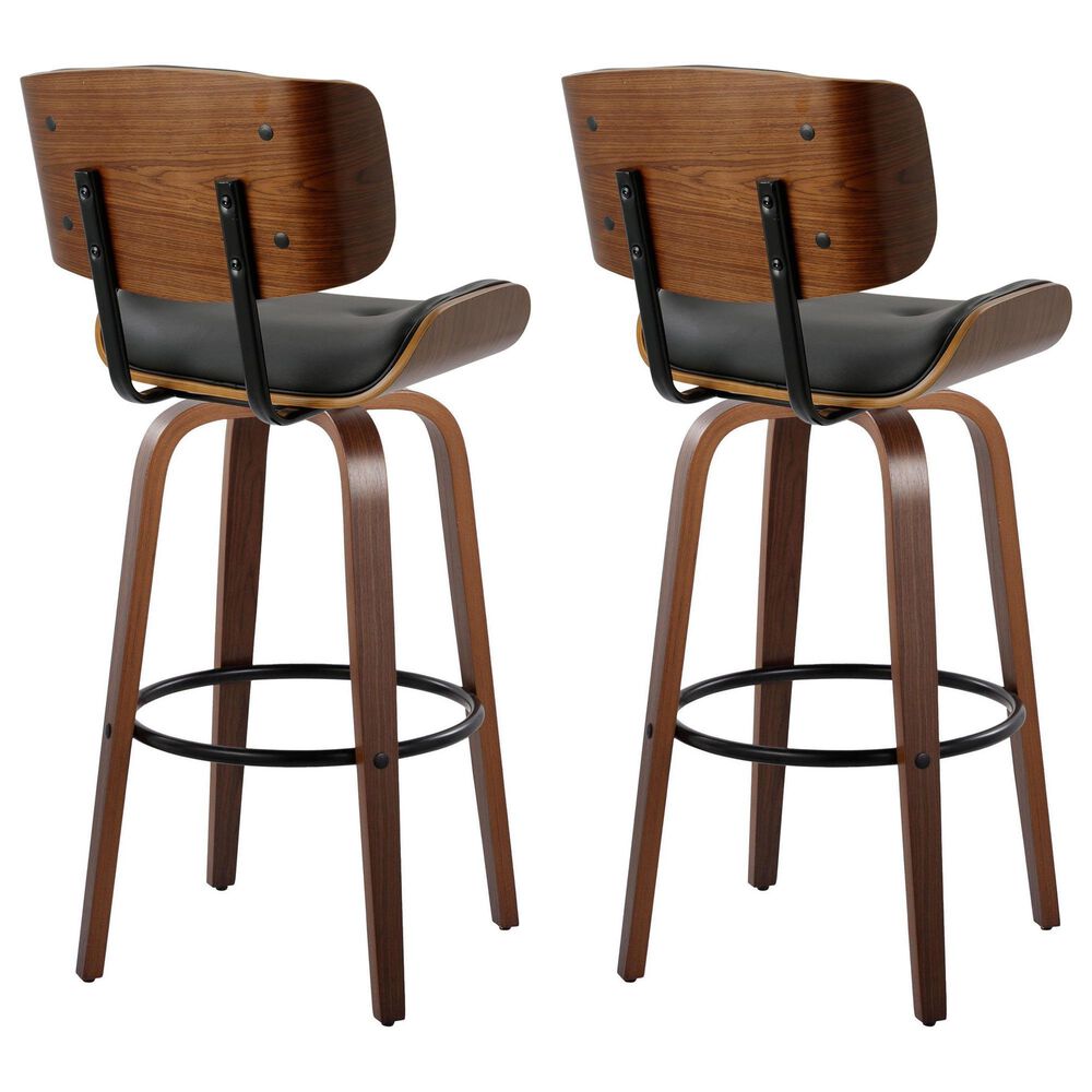LumiSource Lombardi 30" Swivel Barstool with Black Faux Leather Upholstery in Walnut and Black (Set of 2), , large