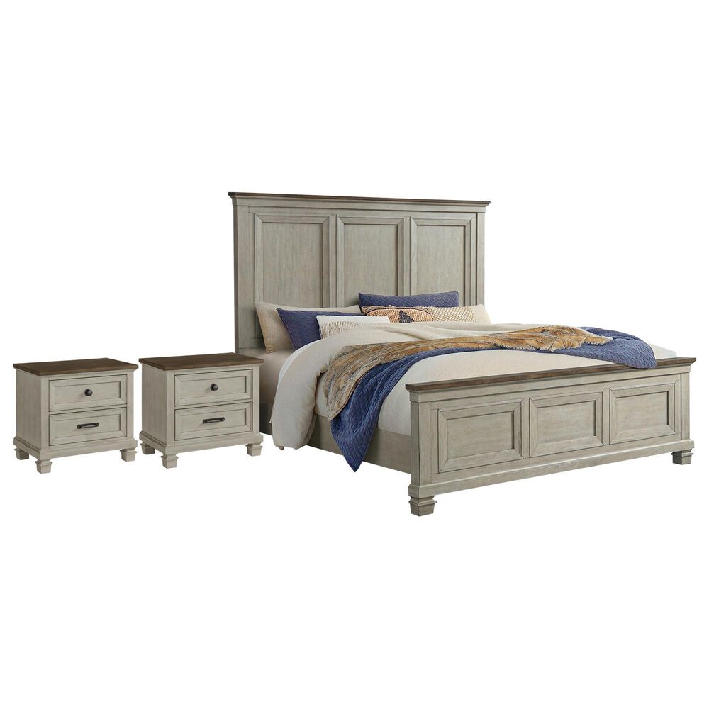 Mayberry Hill Farmington King Panel Bed with Two Nightstand in Medium Brown and Washed Stone, , large
